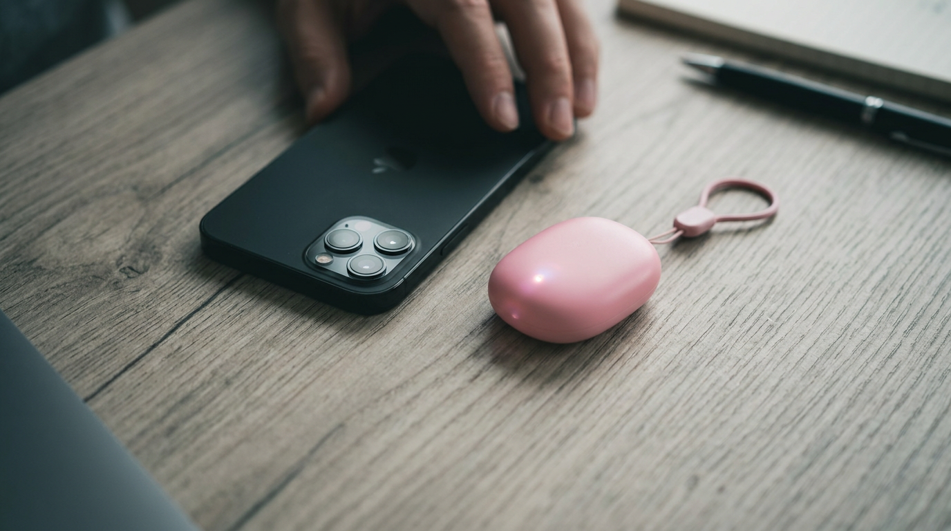 A phone lies face down on a wooden desk next to a pink LensGuard Mini. Generated image.