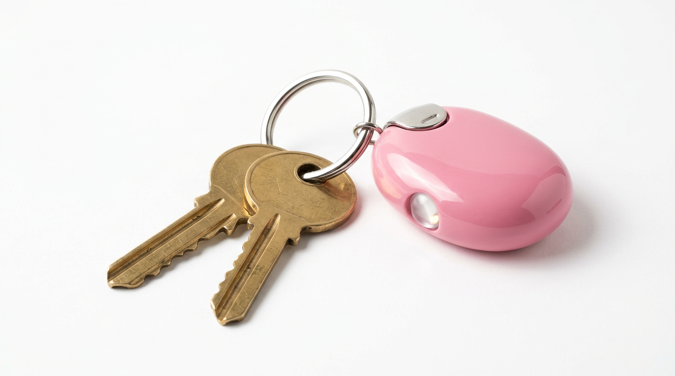 Two plain keys on a ring beside a pink LensGuard Mini with a cap and a small light. Generated image.